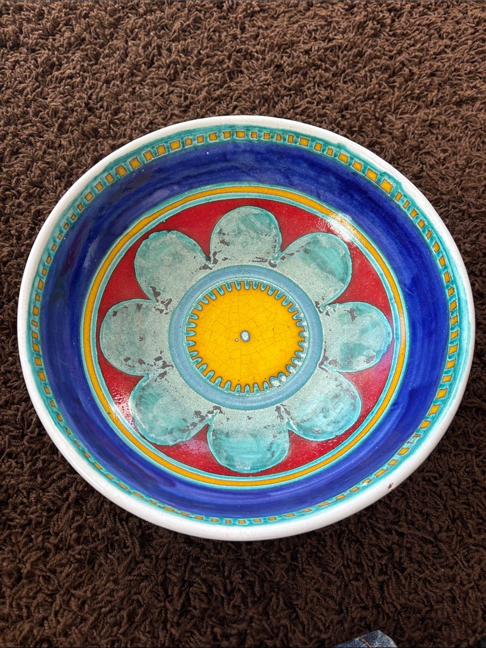 Hand-Painted Turquoise & Blue Floral Ceramic Bowl